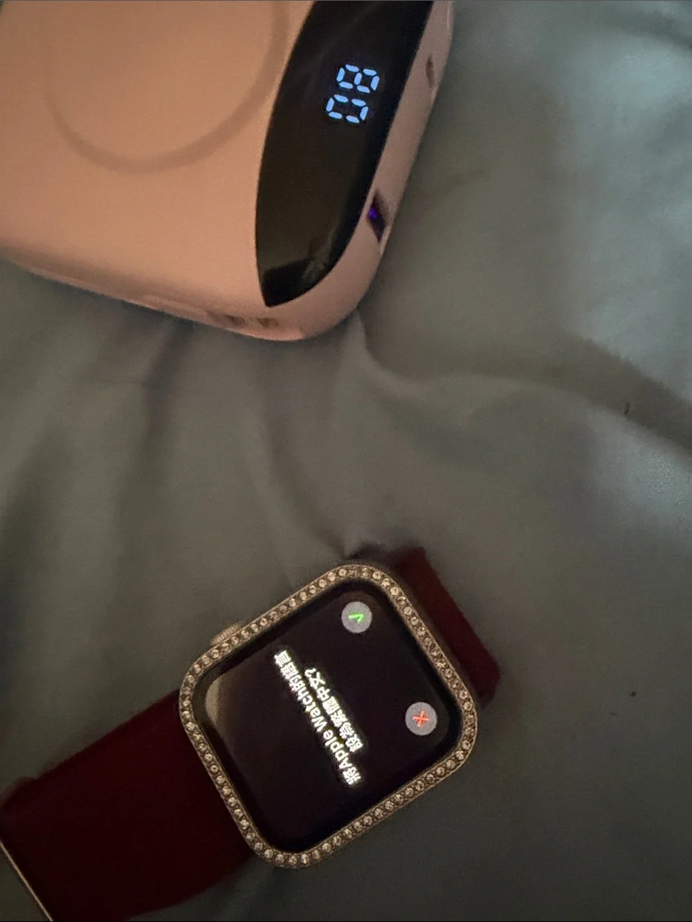 Apple Watch with Burgundy Woven Band, Pink Protective Case and Rhinestone Bezel